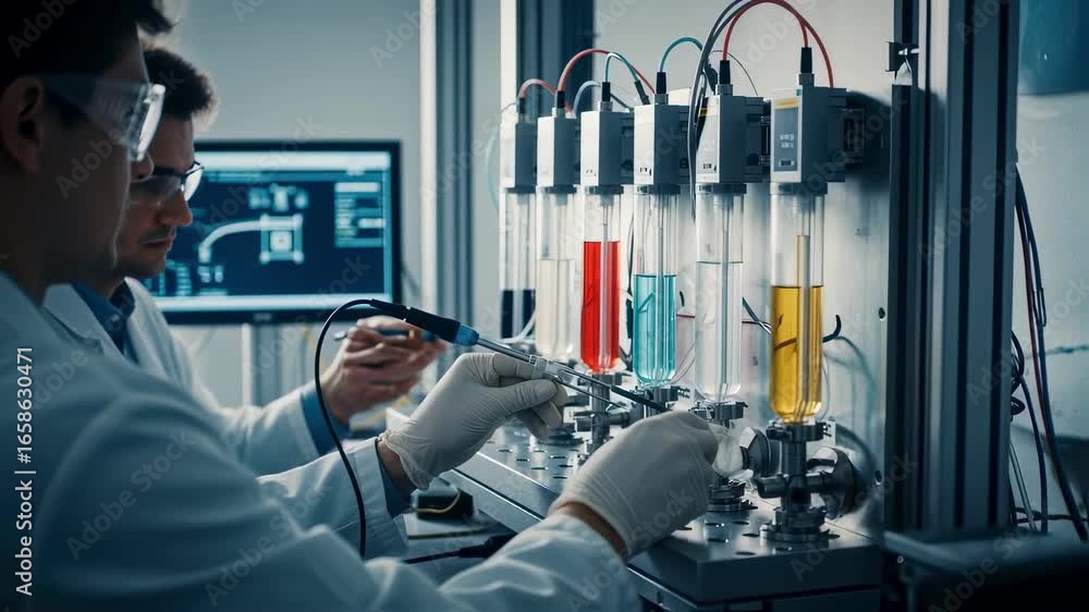 Poster technicians performing leak detection tests on transparent fluid cartridges integrated into the expe