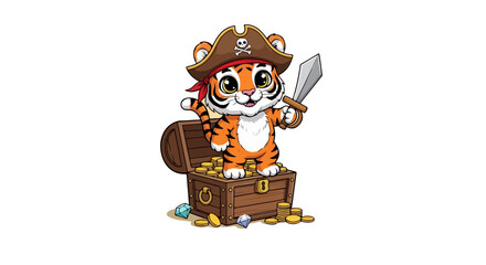 Adorable Tiger Pirate Vector Illustration with Treasure Chest
