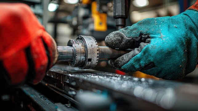 Close-up of Hands Working on a Metal Lathe Machine in a Factory