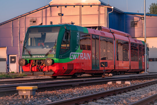 Railway with station in color sunrise morning in Volary CZ 08 15 2025