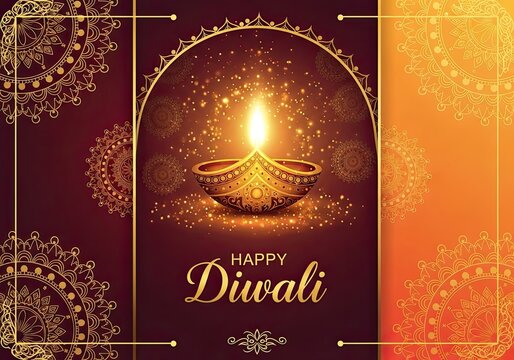Photo of golden diwali diya with intricate mandala designs and festive lights for a happy and prosperous celebration of the festival of lights - Powered by Adobe