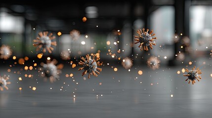 Floating virus particles in a dimly lit indoor space, illustrating microscopic spread and the importance of health measures in pandemic response