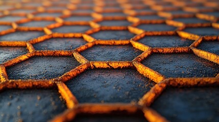 Abstract Hexagonal Structure: A 3D Render of Interlocking Honeycomb-like Pattern in Warm Orange and Dark Grey Hues