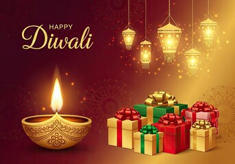 Photo of happy diwali celebration with glowing diya, gift boxes, and lanterns on a festive background for a traditional indian holiday greeting