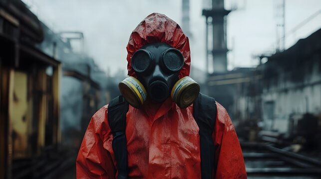 Worker in protective gear stands in an industrial area with smoke and machinery in the background