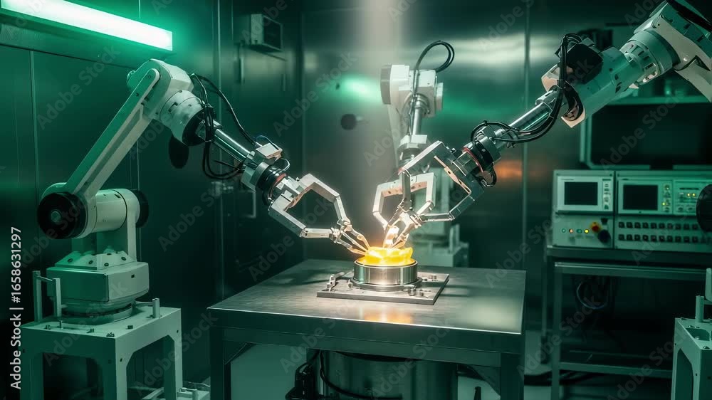 Poster view through a thick leadglass window showing robotic manipulators handling hazardous nuclear materi
