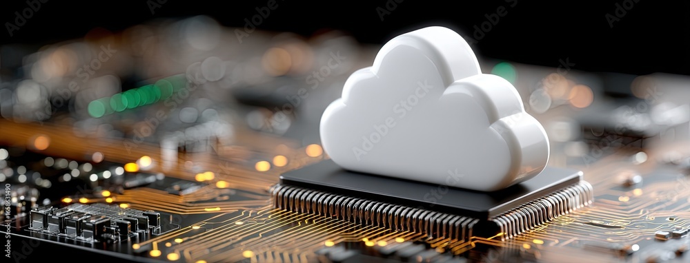Poster cloud storage icon placed on a circuit board with glowing connections illustrating modern technology