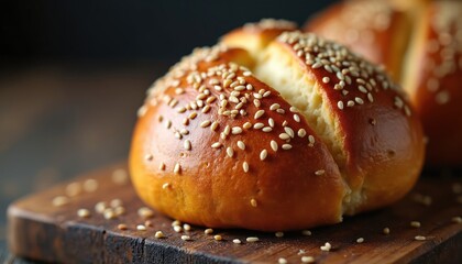 Rustic style sesame seed topped bun with slightly cracked surface. Appetizing baked bread with golden brown crust. Wholesome yeast pastry detail, light wheat ingredient texture. Ideal snack bakery