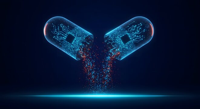 Digital medicine concept futuristic capsule with circuit board inside