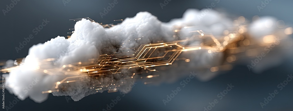Poster cloud storage icon placed on a circuit board with glowing connections illustrating modern technology