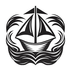 Sailing boat on waves black and white logo on transparent background © SopnilJahan