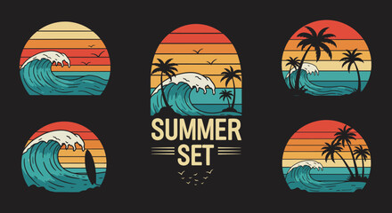 Retro Summer Set with Palm Trees Ocean Wave and Sunset in Silhouette Style on Dark Background Perfect for Vacation Designs
