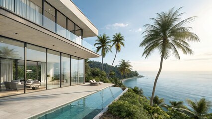 Fototapeta premium Modern villa with infinity pool overlooking the ocean and palm trees