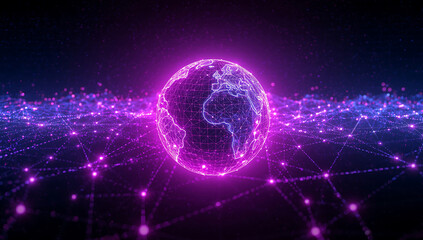 Fototapeta premium Virtual planet surrounded by bright pink and blue lines representing global technology