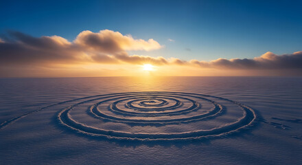 Fototapeta premium Circular stone labyrinth on frozen lake at sunrise with dramatic clouds