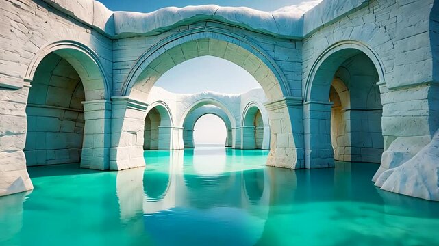 Ancient stone arches standing above bright turquoise water with sunlight reflecting on surface creating scenic architecture