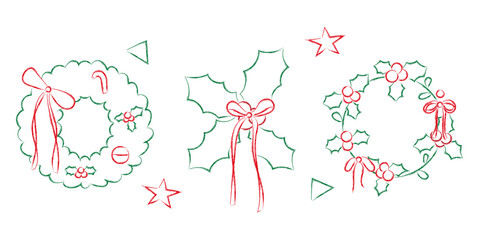 set of Christmas wreath with holly leaves, red berries and ribbon bow in doodle line art