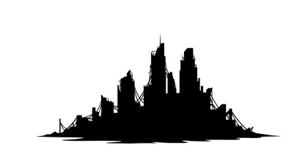 Ruined Cityscape Silhouette A stark black silhouette of a destroyed urban landscape evoking themes of apocalypse decay and urban disaster