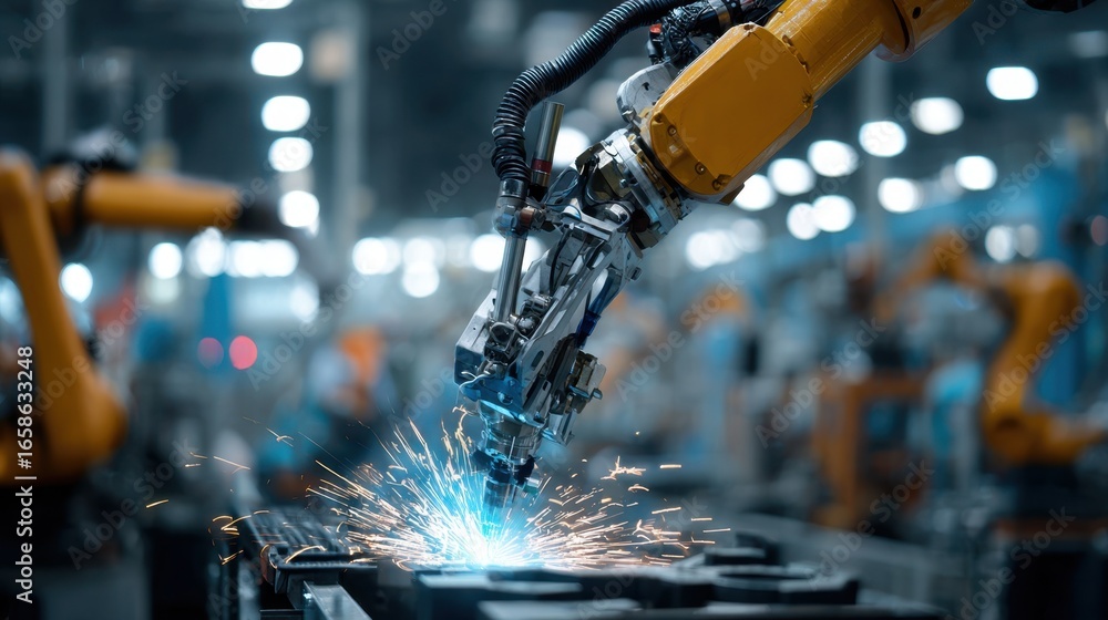 Poster precision welding robot in action at a modern industrial facility with a focused robotic tool and bl