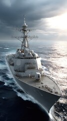 Modern naval destroyer navigating the open sea during a clear day with scattered clouds and bright sunlight reflecting off the water