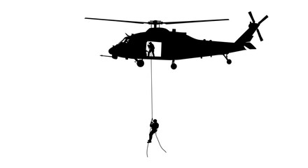 Military Helicopter with Soldier Fast Roping Down Special Forces Operation Black and White Silhouette © mrvect02