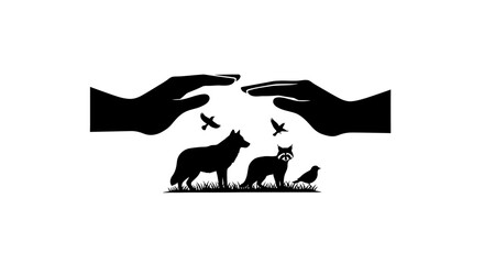 Protecting Wildlife with Caring Hands Conservation and Animal Welfare Concept in Black and White Silhouette