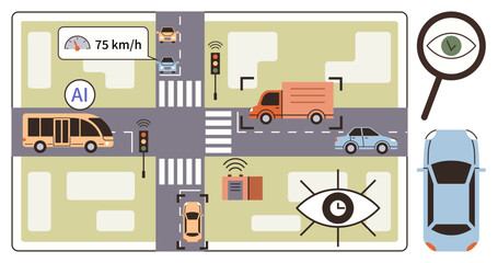 Urban intersection with cars, bus, and truck regulated by AI systems, traffic lights, connected sensors, and magnified eye symbol. Ideal for AI technology, smart mobility, vehicle safety automation