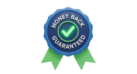 Blue money back guarantee badge with green check mark and ribbons
