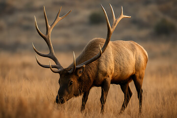 A Majestic Bull Elk Grazing with a Large Rack of Antlers
