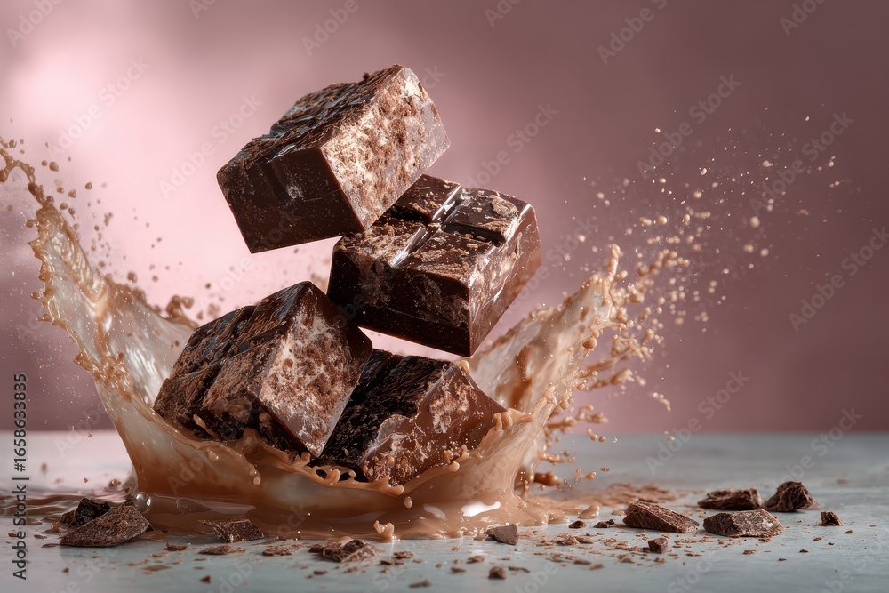 Poster milk chocolate cubes falling into a splash of liquid chocolate with a soft pink background capturing