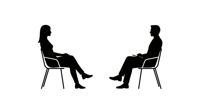 Two People Sitting in Chairs Facing Each Other in a Counseling Session Presented in a Clean Black and White Silhouette