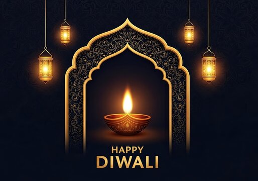 Photo of elegant diwali celebration with glowing diya and lanterns in ornate arch frame, a traditional indian hindu festival of lights and prosperity
