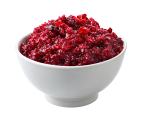 Vibrant cranberry sauce in a white bowl, a festive addition to any holiday meal.