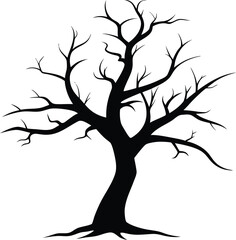 Monochrome Silhouette of a Spooky Deciduous Tree with Bare Branches Reaching Skyward Displaying an Autumnal or Winter Theme