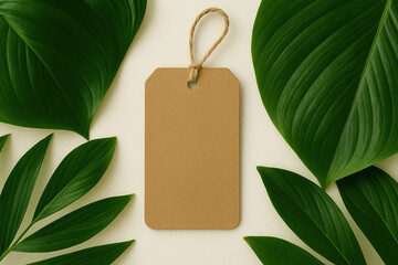 Photorealistic mockup of a blank kraft paper tag surrounded by tropical green leaves on a light background. Minimal, eco-friendly design ideal for branding, labels, packaging, and product presentation