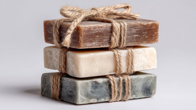 Stack of three artisanal handmade soaps tied with natural twine and a bow.