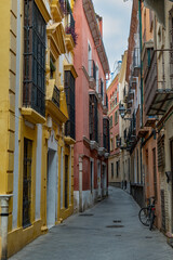 Fototapeta premium View of a Narrow Street in Barrio de Santa Cruz Neighborhood in Seville With Colorful Houses