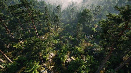Obraz premium Whispers of dawn drift through a dense forest canopy awakening ancient pines in early morning light