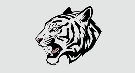 Striking Tiger Head Illustration with Open Mouth and Sharp Teeth in Black and White Silhouette