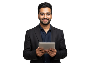 Smiling man in suit holding a tablet isolated on transparent background