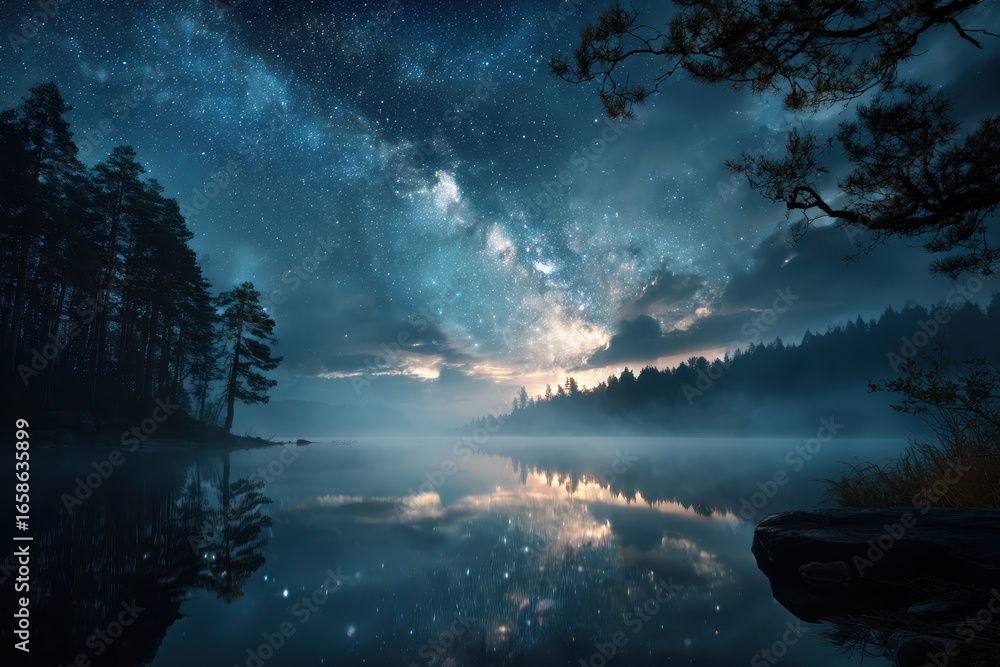 Poster serene view of a tranquil lake under a starry sky with reflections of trees and clouds in peaceful w