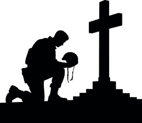Silhouette of Soldier Kneeling at Cross Memorial Honoring Fallen Comrades Remembering Sacrifice and Dedication Representing Remembrance Day