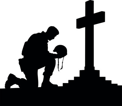 Silhouette of Soldier Kneeling at Cross Memorial Honoring Fallen Comrades Remembering Sacrifice and Dedication Representing Remembrance Day - Powered by Adobe