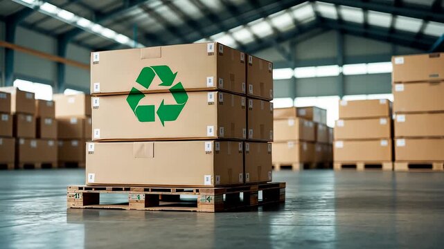 Large warehouse with stacked cardboard boxes on pallets featuring green recycle logo for packaging and distribution