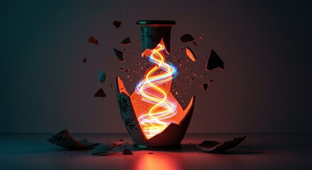 Shattered vase with vibrant light