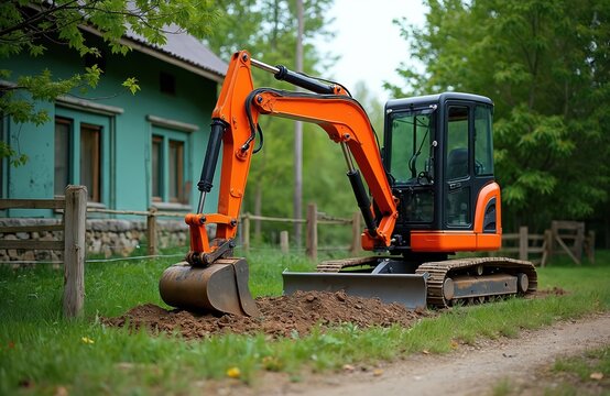 Orange mini excavator digs soil near green house. Compact construction equipment with tracks, hydraulic arm, bucket performs digging work on grassy terrain. Machine offers efficient site preparation - Powered by Adobe