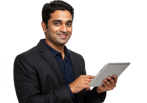 Man in suit holding tablet computer isolated on transparent background