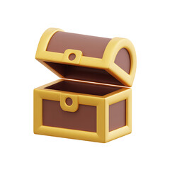 Open treasure chest with gold trim and brown wood