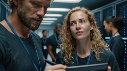 Team members collaborate on a project in a modern tech facility during a busy workday in a data center