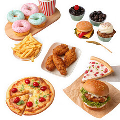 A delicious assortment of popular fast food items and sweets displayed together transparent background